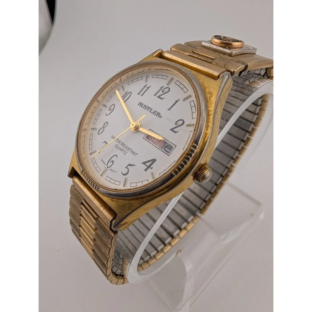 Vintage Rustler Watch Men 34mm Case Gold Stretch Band BPP‎ Monogram- New Battery